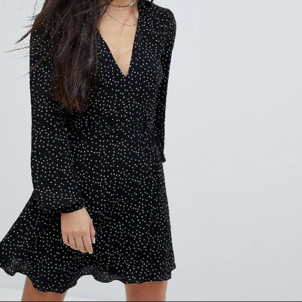 Glamorous petite wrap front long sleeve dot dress